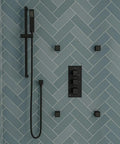 HomeStock Modern Rectangle Thermostatic Shower System Trim Kit with Pressure Balance Valve Matte Black Finish on wall.