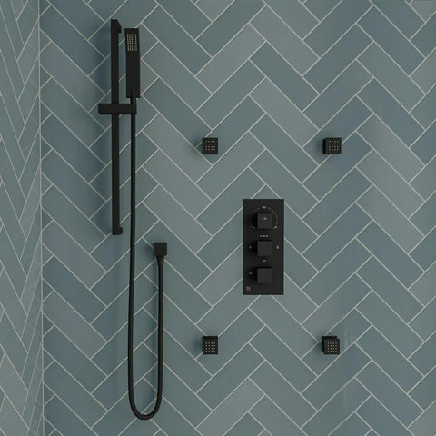 HomeStock Modern Rectangle Thermostatic Shower System Trim Kit with Pressure Balance Valve Matte Black Finish on wall.