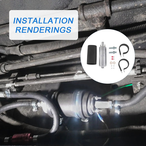 Beefed Up External Inline Fuel Pump Kit With High Flow 255 LPH Performance installed in a 12V vehicle showing components.