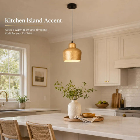 efperfect 7.5 in Gold Pendant Light Fixture, Modern Kitchen Island Lighting hanging over a kitchen island with a black cord.