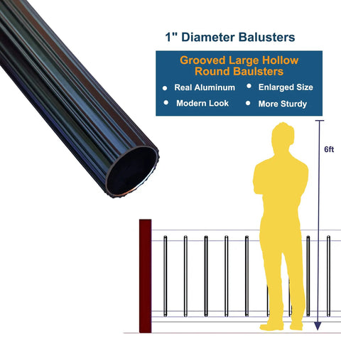 1 Inch Round Deck Balusters 26 Inch Matte Black Aluminum Spindles With Connectors And Screws, Grooved Hollow Balusters For Deck Railing Porch Staircase No Fuss Install, Heavy Duty 36 Pack Outdoor Kit