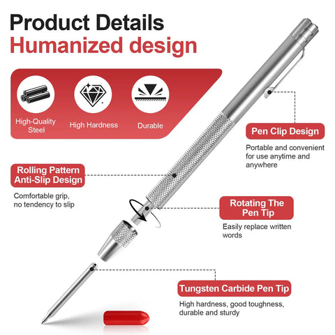 Kick Your DIY Projects Up A Notch With This Heavy Duty Tungsten Carbide Scriber Set Featuring Six Engraving Pens Extra Tips And Steel Ruler For Dead Accurate Marking On Glass Metal Wood Leather. Image of a tungsten carbide scriber pen highlighting its sturdy design and anti-slip grip.