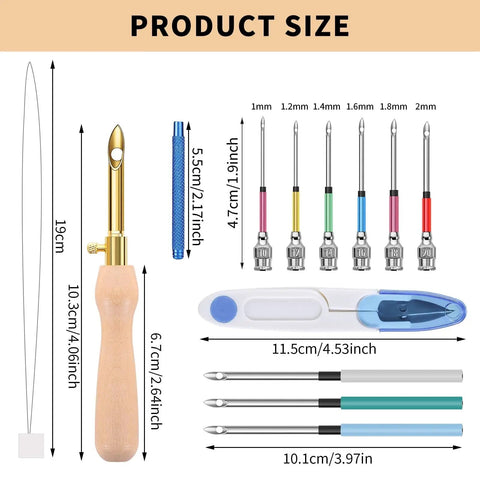 Dope Punch Needle Kit With Adjustable Wooden Handle, Three Needle Sizes, Includes Storage Box, Threaders, Scissors