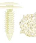Set Of Fifty Heavy Duty Nylon Door Trim Panel Retainer Clips Built Dang Tough For Quick Interior Auto Fixes That Lock Right Down And Stay Put Through Tough Roads, showing one clip and a pile of clips.