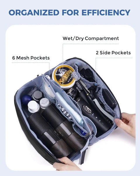 Open view of Men's Dopp Kit Toiletry Bag With PU Leather Travel Organizer Featuring Detachable Waterproof Hanging Pouch