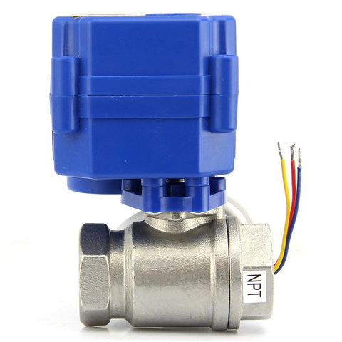 Blue and silver Heavy Duty Built To Last Three Quarter Inch Motorized Ball Valve 304 Stainless Steel NSF Certified Full Port
