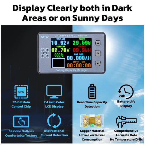 Digital Battery Monitor And Multimeter For RVs And Solar Setups Reads 8 To 100V And 0.05 To 100A 2.4 Inch Color LCD Display Meter