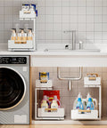 Sleek Two Tier Pull Out Under Sink Organizer For Kitchen Cabinets, Ultra Smooth Glide Storage Rack With Anti Tip Stops, keeps cleaners organized beneath sink.