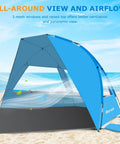 Portable Beach Tent For 3 To 7 People, UPF 50 Plus Sun Shelter with airflow windows on the beach.