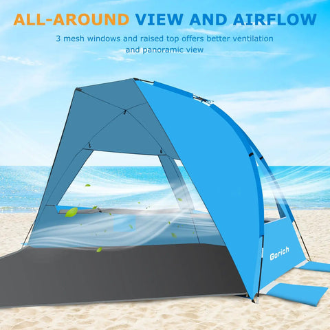 Portable Beach Tent For 3 To 7 People, UPF 50 Plus Sun Shelter with airflow windows on the beach.