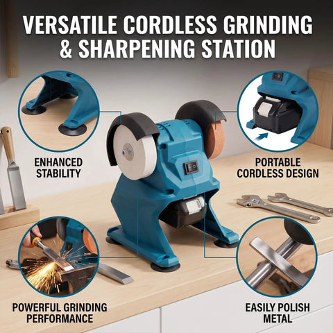 Heavy Duty Cordless Mini Bench Grinder With A Rock Solid 5500 Rpm Motor and Lock Down Suction Base on wooden table.
