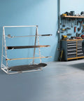 Heavy Duty Four Tier Horizontal Lumber Storage Rack For Garage Built Like A Tank Holds Wood Boards Firmly Up To 440 Pounds Rust Resistant Silver Garage Boss with wood boards stored.