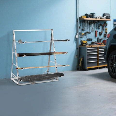 Heavy Duty Four Tier Horizontal Lumber Storage Rack For Garage Built Like A Tank Holds Wood Boards Firmly Up To 440 Pounds Rust Resistant Silver Garage Boss with wood boards stored.