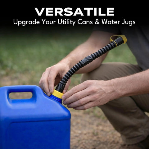 Person attaching Hi-Flo Industrial Can Spout Replacement With Flexible Nozzle to blue water jug outdoors
