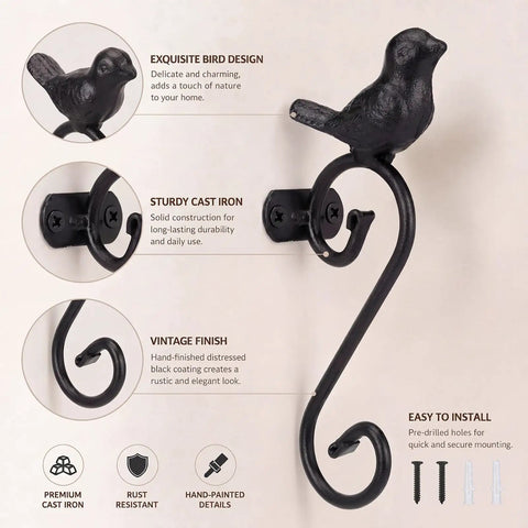 Top Notch Cast Iron Bird Wall Hooks Rustic Farmhouse Vibes Vintage Black Coat Racks For Bathroom Or Entryway Super Sturdy decorative key holders featured on a wall.