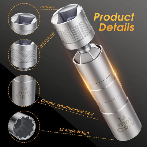 Close-up of Heavy Duty 3/8 Inch Drive Spark Plug Socket Set with Magnetic Rotary Receptacles Including 9/16 Inch, 5/8 Inch, And 14mm Receptacles Plus 3/8 Inch Driver Sockets, 12 Point Chrome Vanadium