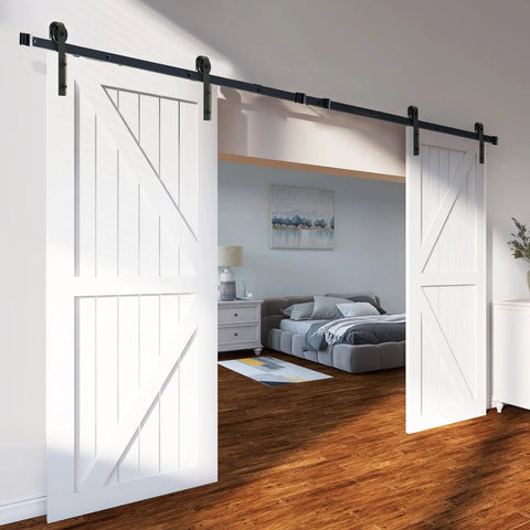 Installed Sliding Barn Door Hardware Kit 8 Ft Heavy Duty Track Kit For Double Doors With Smooth Silent Pulley Supports Up To 330 Lbs