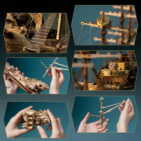Collage of hands assembling the 3D Pirate Ship Puzzle Kit For Adults Build It Yourself Brain Teaser Model Wood Craft Educational Desk Toy And Room Decor Purple Finish