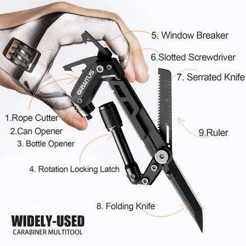 8 In 1 Heavy Duty Carabiner Multitool EDC Pocket Knife Serrated Knife Rope Cutter Screwdriver Can Opener Bottle Opener Ruler