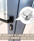 Sweet Upgrade Two Pack Silver Shower Door Latch Replacement on hinged glass door showing latch and handle for easy installation.
