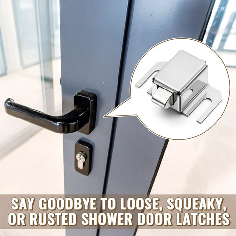 Sweet Upgrade Two Pack Silver Shower Door Latch Replacement on hinged glass door showing latch and handle for easy installation.