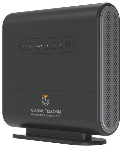 5G Indoor Router With WiFi 6 And Multi Port LAN, 3 Years Unlimited Data On 5G Network, sleek black design on a stand.