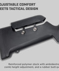 Black polymer stock of Hard Hitting.25 Caliber PCP Air Rifle With Side Lever Action Delivers 900 FPS, tactile design details visible