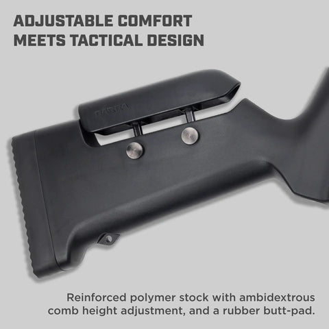 Black polymer stock of Hard Hitting.25 Caliber PCP Air Rifle With Side Lever Action Delivers 900 FPS, tactile design details visible