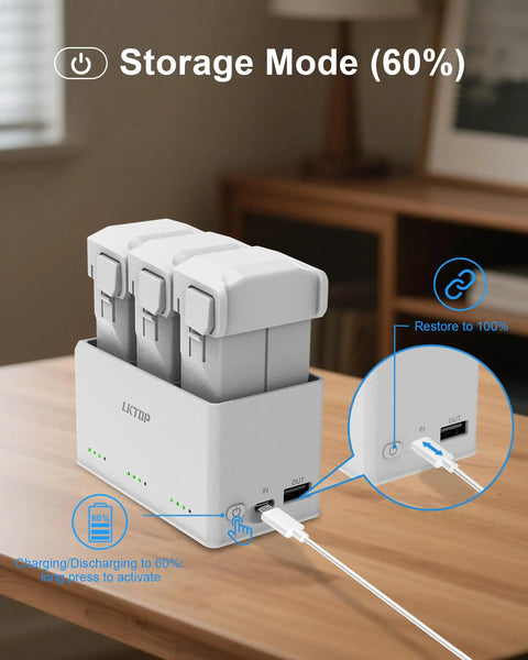 Beefed Up All In One Mini Drone Battery Charging Hub 37W Fast USB C Charger with 3 batteries in storage mode on wooden table