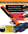 2 Pound Sledge Hammer With Fiberglass Handle For Heavy Duty Jobs, Shock Resistant head, non-slip grip, and orange finish