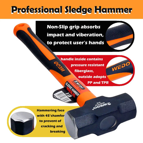 2 Pound Sledge Hammer With Fiberglass Handle For Heavy Duty Jobs, Shock Resistant head, non-slip grip, and orange finish