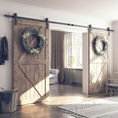 13 Ft Double Barn Door Hardware Kit With Silent Sliding Track Easy Install Fits 36 To 40 Inch Doors J Shape Hangers Black Frosted Finish Heavy Duty One Quarter Inch Carbon Steel Rail Two Piece Design For Ultra Smooth Quiet Operation installed in living room