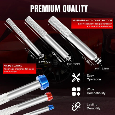 Three knurled aluminum handles from 33Pc Bearing Race And Seal Driver Set With Metric And SAE Adapters displayed diagonally.