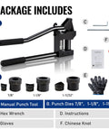 Package contents of Heavy Duty Stud Punch Set For Sheet Metal 7/8, 1-1/8, 1-11/32 Inch Holes, 20GA Steel, Lever Puncher Kit CC-100