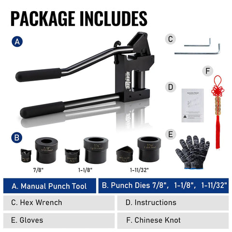 Package contents of Heavy Duty Stud Punch Set For Sheet Metal 7/8, 1-1/8, 1-11/32 Inch Holes, 20GA Steel, Lever Puncher Kit CC-100