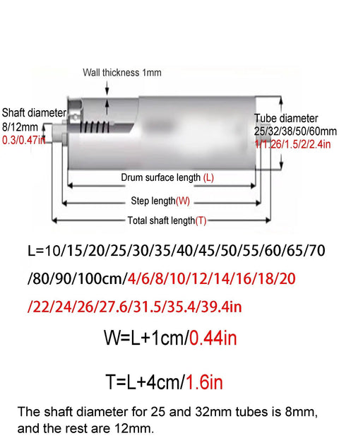 Diameter Options 1, 1.26, 1.5, 2, 2.4 Inch Light Duty Commercial Slide Roller Feed Rollers Galvanized Conveyor Roller 1 Pack Unpowered Transmission Replacement Roller For Simple Shop Conveyor Upgrades. Diagram shows roller dimensions and shaft sizes.