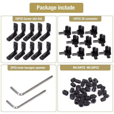 Package contents of 20Pcs 2020 Aluminum Extrusion Connectors 3 Way Corner Brackets L Slot T Slot Interior Joint Set with screws and wrench