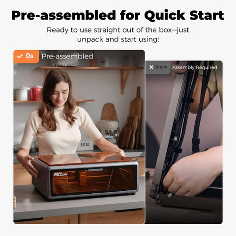 Creality Falcon A1 10W laser engraver and cutter with orange-tinted enclosure; front view on countertop