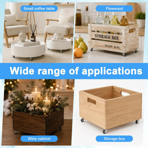 Sweet Ride 8 Pack Mini Caster Wheels Half Inch Self Adhesive Low Profile Ultra Lightweight Smooth Rollers in use on various furniture items.