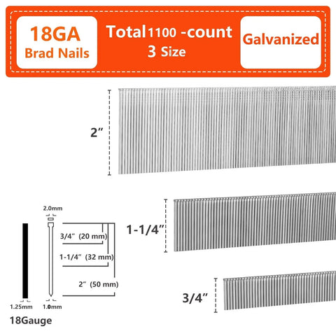 Solid Galvanized Brad Nails For Nail Guns Built Tough And Zero Jamming Risk Smooth Shooting Fasteners in 3 sizes: 2", 1-1/4", and 3/4".