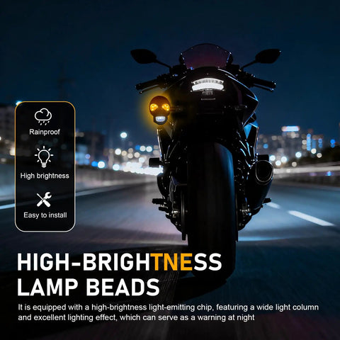 2 Pieces LED Motorcycle Turn Signal Lights With Skull Design Waterproof Blinkers shown on a motorcycle at night
