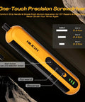 Close-up of 4V Cordless Electric Screwdriver Set with USB C Charge showing buttons, LED light, and torque levels.