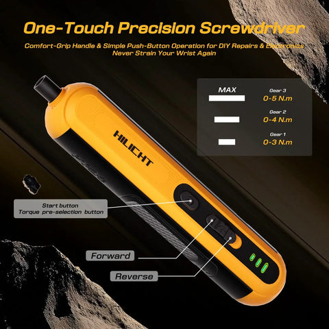 Close-up of 4V Cordless Electric Screwdriver Set with USB C Charge showing buttons, LED light, and torque levels.
