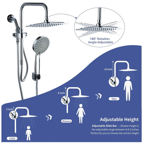 Rainfall Dual Shower Head Combo With 8-Inch Rain Head And 5-Function Handheld Spray, Adjustable Slide Bar, 71-Inch Stainless Steel Hose