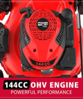 EasyCut 21 Inch Gas Lawn Mower With 144cc 4 Stroke OHV Engine and red steel deck close-up