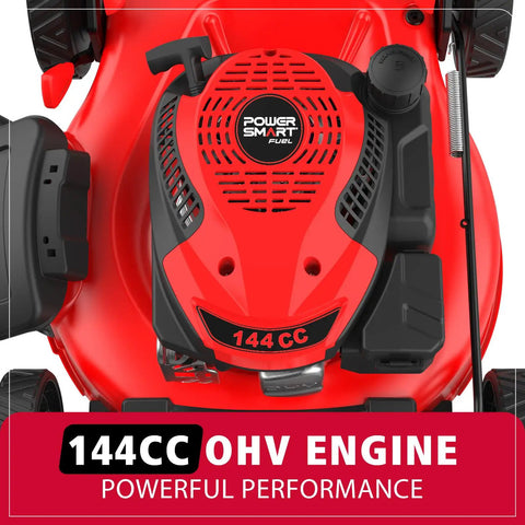 EasyCut 21 Inch Gas Lawn Mower With 144cc 4 Stroke OHV Engine and red steel deck close-up