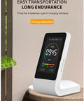 Side view of Real Time NDIR CO2 Detector For Your Home Office Infrared Carbon Dioxide Monitor With Temperature And Humidity Readouts Clock Display Independent Sensor Easy Setup Indoor Air Quality Monitor.