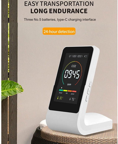 Side view of Real Time NDIR CO2 Detector For Your Home Office Infrared Carbon Dioxide Monitor With Temperature And Humidity Readouts Clock Display Independent Sensor Easy Setup Indoor Air Quality Monitor.