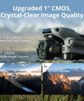 Close-up of Air 3S Drone With RC 2 Fly More Bundle showing dual 4K cameras, with image quality comparisons of 1'' CMOS above mountains.