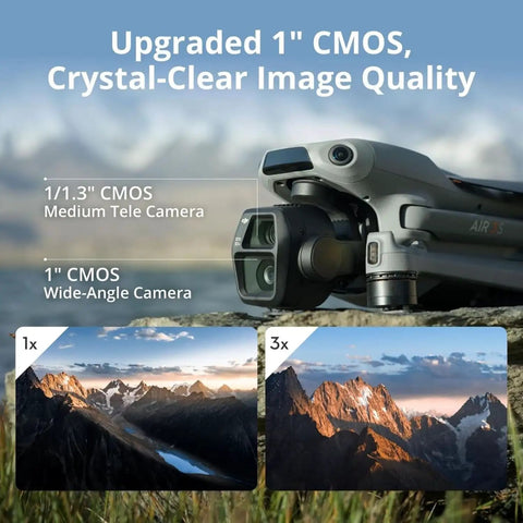 Close-up of Air 3S Drone With RC 2 Fly More Bundle showing dual 4K cameras, with image quality comparisons of 1'' CMOS above mountains.